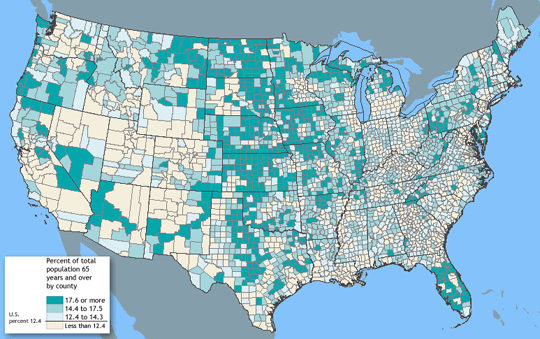 Map of the conterminous United States showing percent of population 65 years and over, by county, 2000 Census