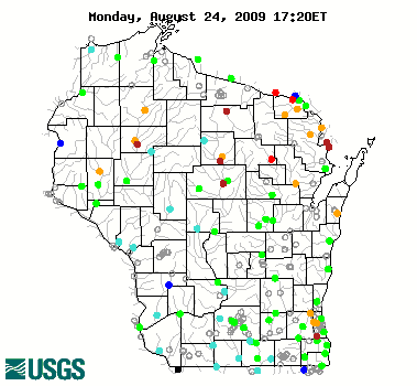 Current streamflow conditions in Wisconsin- click to see a live map.