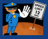 Policeman halting traffic by sign that says Speed Limit 12 MPH