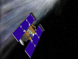 Artist's concept of the Stardust spacecraft beginning its flight through gas and dust around comet Wild 2
