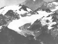 1928 South Cascade Glacier: 1928 black-and-white oblique-angle aerial photo of South Cascade Glacier, northwestern Washington State, looking approximately southeast.