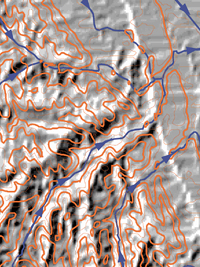 A black and white shaded relief map with an overlay of colored lines.