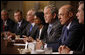 President George W. Bush addresses the media prior to the start of his Cabinet meeting Wednesday, Oct. 15, 2008, at the White House. Said the President, "I called my Cabinet together for them to get a full understanding of the extraordinary actions we've taken. Many of the Cabinet members are involved in helping make sure this economy is strong in the future -- no Cabinet member more involved than Secretary Paulson. And we have taken extraordinary measures because these are extraordinary circumstances."  White House photo by Eric Draper