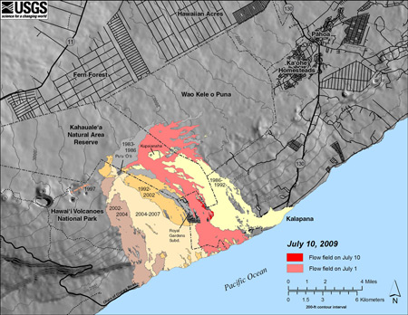 Map showing the extent of the July 21, 2007 eruption flow field, including the currently active Thanksgiving Eve Breakout (TEB) flow, relative to surrounding communities. Light red is the area of the flow as of July 1, 2009, while the bright red shows the flow field expansion that occurred between July 1 and July 16.