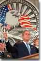 In speaking to an audience of thousands at the Department of Defense Service of Remembrance, President George Bush pays tribute to those who lost their lives at the Pentagon on September 11th. White House photo by Paul Morse.