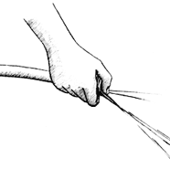 Ilustración de una manguera parcialmente cubierta con el dedo pulgar, lo que causa la salida del agua con presión alta. 