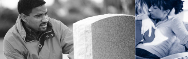 Photo 1: A man visiting a grave. Photo 2: A woman consoling a child.