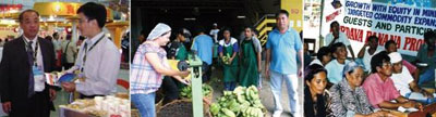 USAID’s GEM Program assisted exporter KF Nutri Foods International in successfully marketing processed banana chips and other Mindanao commodities at the Seoul Food and Hotel 2009 trade show and at the Taipei International Food Show (left photo). GEM had earlier facilitated a supply agreement between KF Nutri Foods and the Magpet Agro-Industrial Resources Cooperative (MAGIRCO), a processor in conflict-affected North Cotabato (center photo) which now delivers five metric tons of semi-processed banana chips weekly to KF Nutri Foods. To ensure that MAGIRCO had a regular supply of raw bananas, GEM had linked it up with growers like the ICLAS Multipurpose Cooperative (right photo), comprised of former combatants of the Moro National Liberation Front.