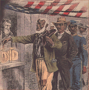 Drawing of freed African Americans paying a tax to vote.  Included in the line of men is a Union soldier