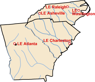 graphic of maps of the states of North Carolina and South Carolina depicting the Fish and Wildlife Service Law Enforcement stations