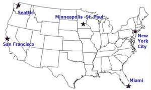 An image of a map displaying the five final urban partners: Miami, Minneapolis/St. Paul, New York City, San Francisco, and Seattle announced in August 2007, by the Secretary of Transportation, Mary Peters. Select a city to view the urban partnership descriptions.