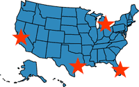 map of the United States with stars over Miami, Los Angeles, Detroit and Houston