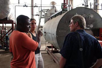 Francois Guemto has turned his entrepreneurial vision into a reality, combining his perseverance and engineering background with the Trade Hub’s technical expertise. The Trade Hub’s Vanessa Adams (middle) and Joop de Voest (right) visited his factory.