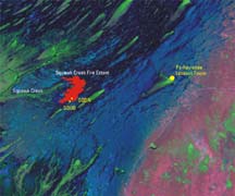 satellite image showing Squawk Creek fire extent and sampling locations