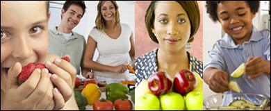 Montage of people with fruits and vegetables