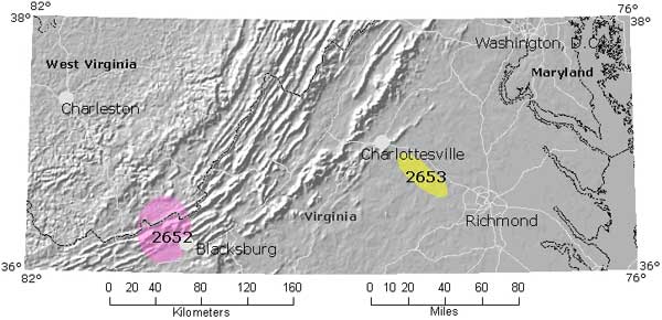 map showing area of quaternary liquifaction potential in central Virginia