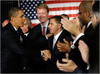 President Obama shakes hands with New York Gov. Patterson before making remarks about the economy at Hudson Valley Community College in Troy, New York. Monday,  Sept. 21, 2009.
