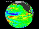 A satellite image of pools of warm water known as Kelvin waves