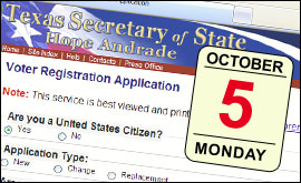 Secretary of State Hope Andrade is reminding Texans that the deadline to register to vote in the Nov. 3 Constitutional Amendment election is Monday, Oct. 5.