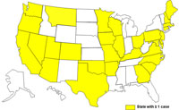 A map of the United States displaying cases of E. coli as of March 1, 2009 to June 25, 2009