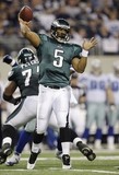 ARLINGTON, TX - JANUARY 9:  Quarterback Donovan McNabb #5 of the Philadelphia Eagles throws the ball in the second half against the Dallas Cowboys during the 2010 NFC wild-card playoff game at Cowboys Stadium on January 9, 2010 in Arlington, Texas.