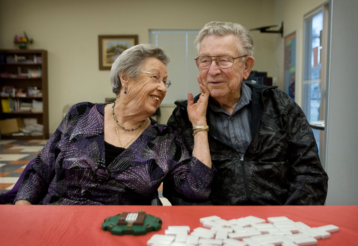 Vera Youngbloom and Larkin Miller met over a game of Mexican Train dominoes at the West Rural Community Center in Oak Hill, where they still socialize. 