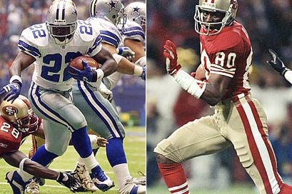 The NFL's all-time leading rusher and receiver: Emmitt Smith (left) and Jerry Rice.