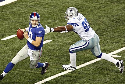 Linebacker Anthony Spencer just missed grabbing Eli Manning on this play, but has yet to record a sack this season. 