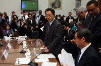Toyota Motor Corporation President and CEO Akio Toyoda (C) and Toyota Motor North America CEO Yoshimi Inaba (R) conclude testimony before the House Oversight and Government Reform Committee on Capitol Hill February 24, 2010 in Washington DC. The committee is hearing testimony on the recall of millions of Toyota vehicles due to reports of malfunctioning gas pedals. (Photo by Win McNamee/Getty Images)