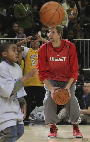 West All-Star Dirk Nowitzki warms up during All-Star team practice at the NBA Fan Jam during NBA All-Star weekend at the Dallas Convention Center in Dallas on Saturday, February 13, 2010.