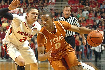 Texas' Avery Bradley drives around Texas Tech's Mike Davis.