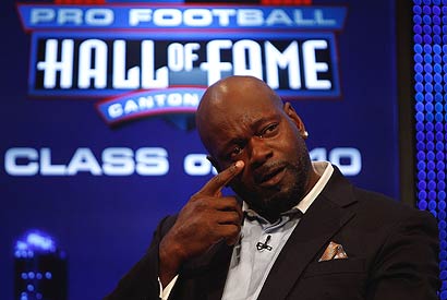 Former Cowboys running back Emmitt Smith gets emotional upon his selection to the Pro Football Hall of Fame.