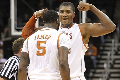Texas center Dexter Pittman (34) flexes his muscles as he celebrates a dunk with teammate Damion James.