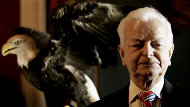 April 12, 2007: Sen. Robert Byrd, D-W.Va., is pictured with American bald eagle "Challenger" on Capitol Hill in Washington, during the announcement of a resolution for American Eagle Day.