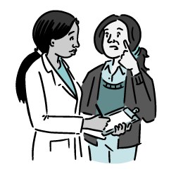 Cartoon of a woman describing symptoms to her doctor.