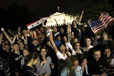 A crowd outside the White House celebrates the death of Osama bin Laden.