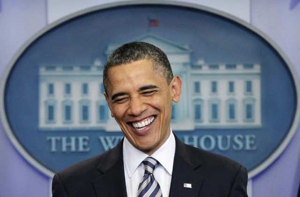 President Barack Obama laughs in the White House briefing room in Washington, Wednesday, April 27, 2011, as he speaks to reporters about the controversy over his birth certificate and true nationality.