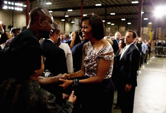 First Lady Michelle Obama greets people following her remarks at a SEARS distribution center 1