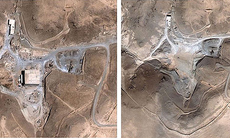 The suspected nuclear facility site in Syria before (l) and after an Israeli air strike in September 2007.