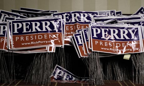Rick Perry yard signs stacked against a wall at his Iowa Caucus rally in West Des Moines, Iowa.