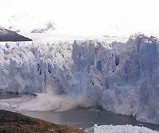 Ice pinnacle separating from Perito Moreno Glacier.  (Photo courtesy of Martyn Clark.)