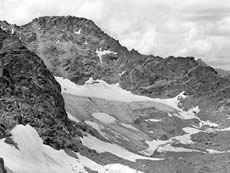 Arapaho Glacier, located along the Front Range, Colorado, in 1956. Although relatively small in terms of glacier size, the city of Boulder, Colorado, still receives some of its drinking water from Arapaho Glacier runoff.  (Photo courtesy of the World Data Center for Glaciology, Boulder, CO.)