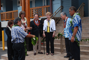 Hawaii Senators Daniel K. Inouye and Daniel K. Akaka take part in a lei cutting with NOAA Administrator Dr. Jane Lubchenco and Hawaii Department of Land and Natural Resources Chairperson Laura Thielen. 