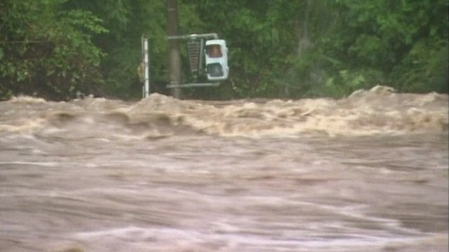 Large amount of flood water on a Japanese road