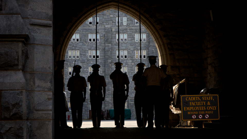 Members of the Corps of Cadets Color Guard practice in a Pershing barracks sally port in preparation for the first review Sept. 15.