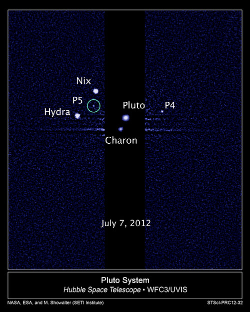 Image description: A team of astronomers using NASA&#8217;s Hubble Space Telescope is reporting the discovery of another moon orbiting the icy dwarf planet Pluto. The moon is estimated to be irregular in shape and 6 to 15 miles across. Learn more about the discovery.
Image from NASA; ESA; M. Showalter, SETI Institute