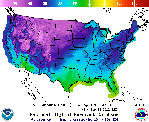 Graphic Forecast of Temperatures Across the US from the National Digital Forecast Database