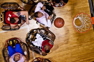 Marines with the Wounded Warrior Regiment play wheelchair basketball during practice for the 2012 Warrior Games. The Warrior Games is a competition for wounded, ill and injured Service members and veterans.