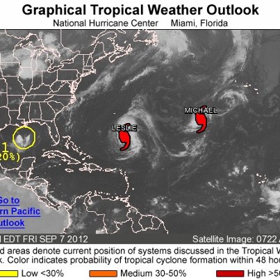 Photo: NHC is issuing advisories on Hurricane Leslie and Hurricane Michael. 
Elsewhere, an area of low pressure is located over the north-central Gulf of Mexico this morning.  Cloudiness and a few squalls are occurring primarily south of the center. The low has been moving southward since yesterday, but is forecast to drift eastward during the next day so.
Environmental conditions are expected to become less favorable fore development, and the system has a low chance of developing into a tropical cylone during the next 48 hours.
Get the latest on the tropics by visiting the NOAA NHC website at www.hurricanes.gov