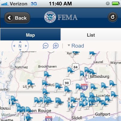 Photo: Shelters are currently open in several Gulf Coast states in response to Hurricane Isaac. One place you can find shelter locations is the FEMA app.  Here's a screenshot showing open shelters in Mississippi and Louisiana as of 12:30 p.m. EDT, August 30.  The FEMA app is available for Android, Apple, and Blackberry devices: https://www.fema.gov/smartphone-app.